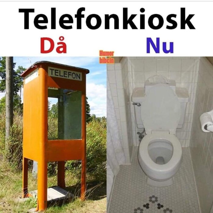 Gammal telefonkiosk och modern toalett jämförs humoristiskt, förändring i kommunikation och privatliv.