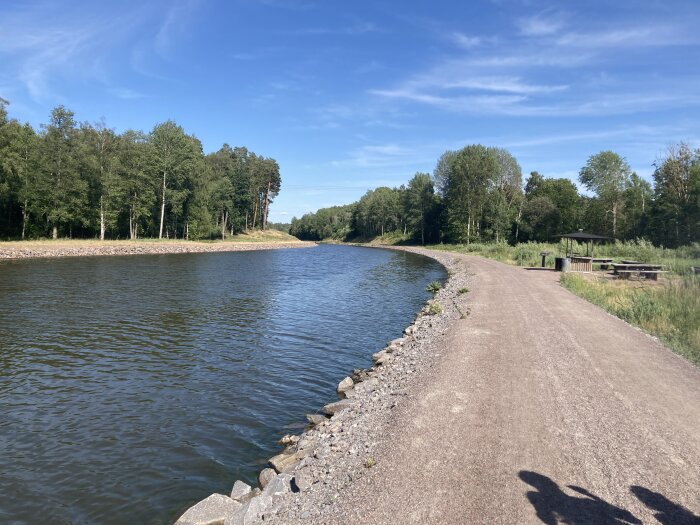 Solig dag, promenadväg längs vatten, träd, blå himmel, skuggor av människor, picknickbord, avkopplande naturmiljö.