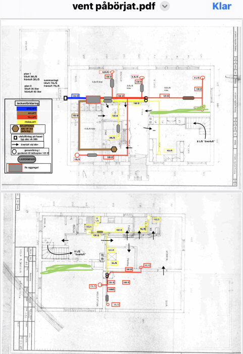 Två tekniska ritningar över byggnadsplaner, markerade med ventilationssystemets komponenter och flödesvägar.