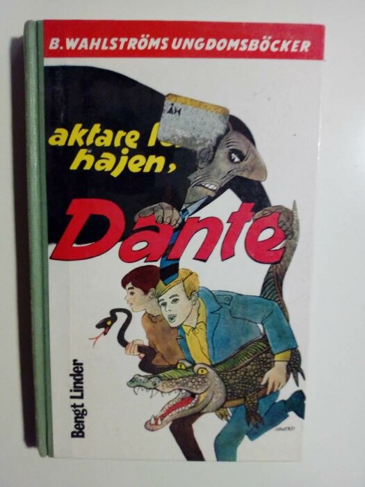 Bokomslag, "Åkare Lejonhjärta, Dante", ungdomsbok, illustration, män, krokodil, orm, spännande, äventyr, färgrik, Bengt Linder.