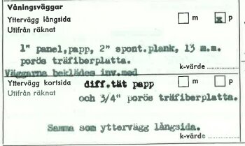 Svensk text, byggdokumentation, detaljer, ytvägg, k-värde, isoleringsmaterial, byggnadsspecifikationer, handskriven anteckning.