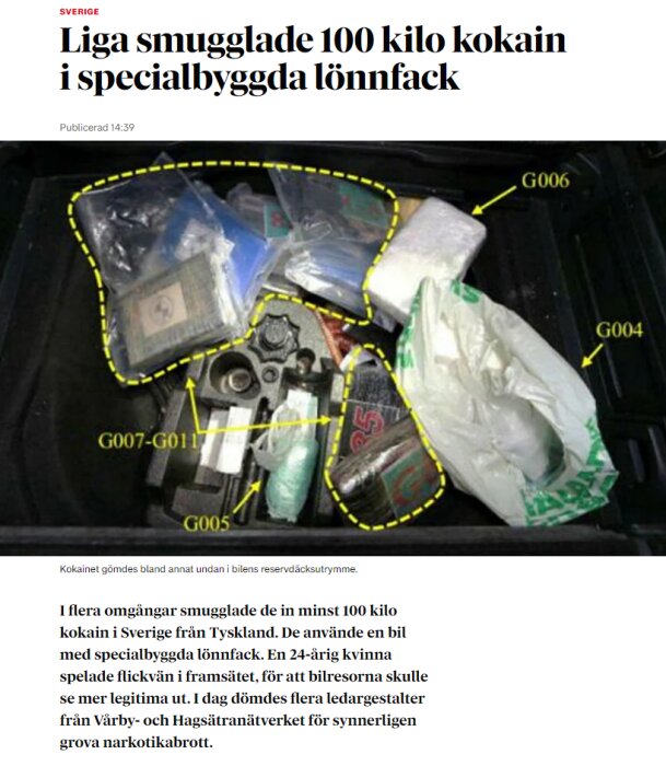 Bild på smugglad kokain i dolda utrymmen i bilens reservdäcksrum.