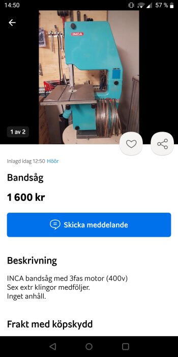 En turkos INCA bandsåg till salu för 1600 kronor, med extra klingor och utan anhåll.