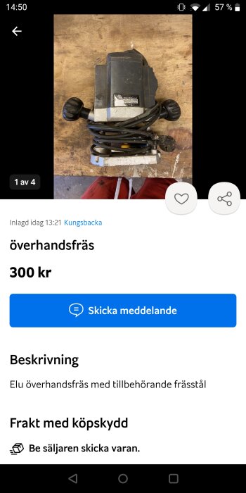 Elu överhandsfräs på ett trägolv, används till bearbetning av material, säljes med tillbehör för 300 kronor.