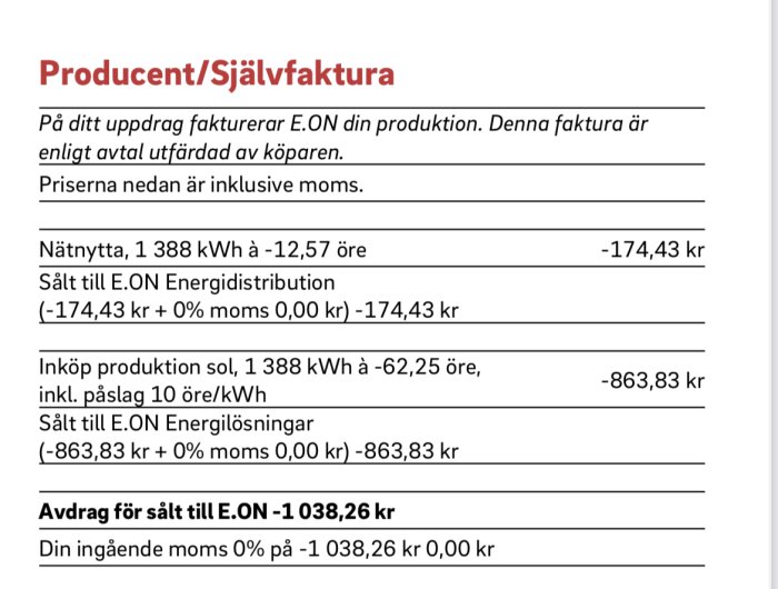 Svensk faktura för solelproduktion och försäljning till E.ON med moms och nettobelopp.