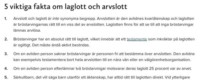 Text om arvslott och laglott, rättigheter, testamente, bröstarvingar, och särkullbarn. Inga personer visas.