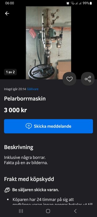 Annonsskärmdump för pelarborrmaskin till salu, pris 3 000 kr, inklusive borrbitar, från Gällivare.