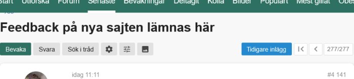 Webbforumssida, rubrik om feedback, navigationsknappar, inläggsnummer, anonym användare, diskussionstråd i svenskspråkig miljö.