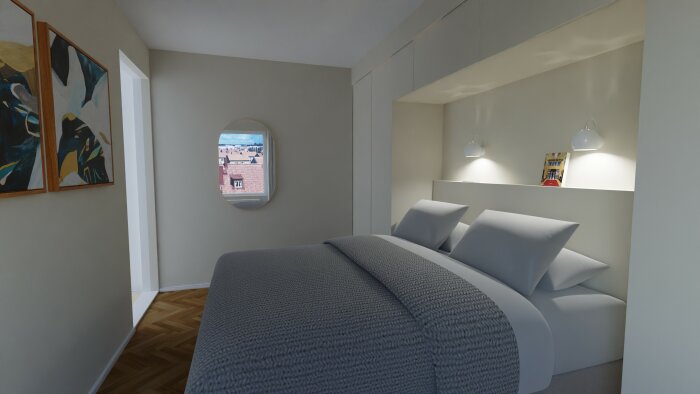 Modernt sovrum med säng, konst, fönster med utsikt, hyllor, vägglampor, trägolv, neutral färgpalett.
