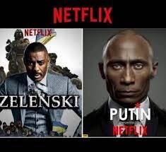 Två styliserade affischer med mansporträtt, Netflix-tema, namnen "ZELENSKI" och "PUTIN", kontrastrikt, politiskt laddade.