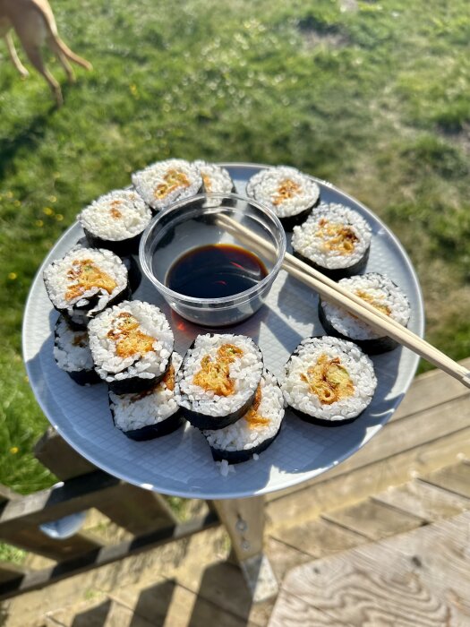 Sushi på tallrik utomhus, sojasås, pinnar, gräs i bakgrunden, soligt.