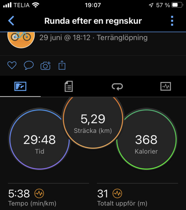 Skärmdump av löparapp visar distans, tid, kalorier, tempo och höjdmeter för en träningsrunda.