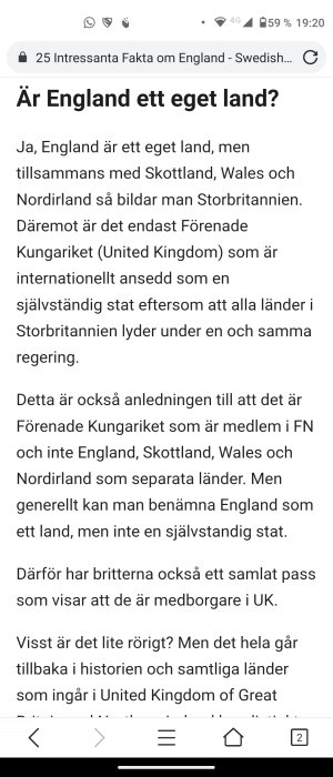 Skärmdump av artikel om England som del av Storbritannien men inte självständig stat.