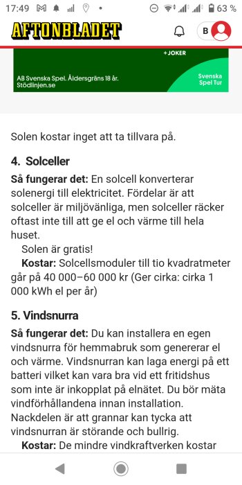 Artikel om solceller, vindkraft; kostnader och funktion för hållbar energi, på skärmdump från Aftonbladet med svensk text.