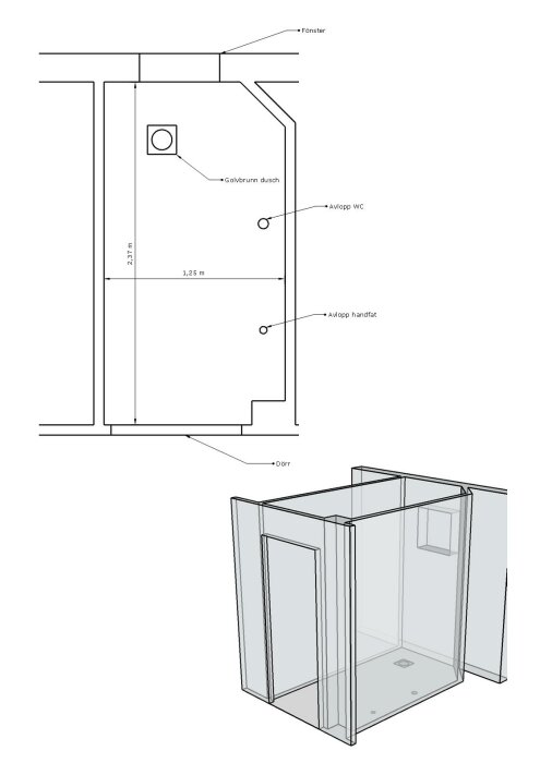 Ritning och 3D-modell av ett mindre badrum med dusch, avlopp och fönster.