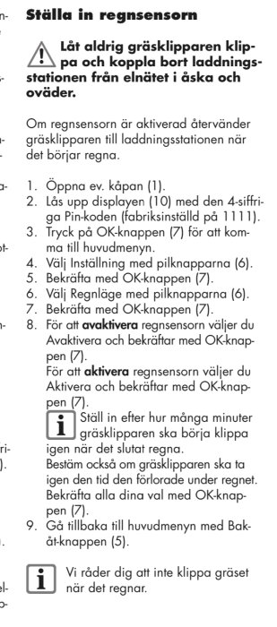 Svensk instruktion för inställning av regnsensor på gräsklippare, varningstexter, steg-för-steg guide.