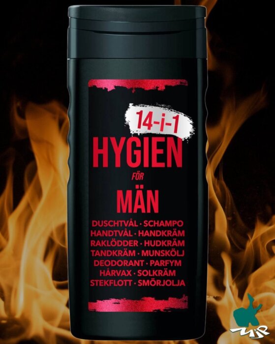 Flaska med text "14-i-1 HYGIEN FÖR MÄN", omgiven av eldslågor, produkt för personlig vård.