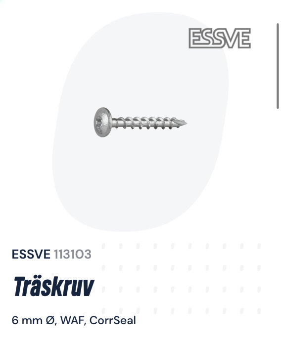 ESSVE träskruv, 6 mm diameter, WAF, CorrSeal, silverfärgad, produktbild på vit bakgrund.