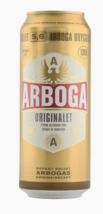 En ölburk märkt "Arboga Original", alkoholhalt 5,6%, gyllene bakgrund, svenska texter, bryggtradition sedan 1365.