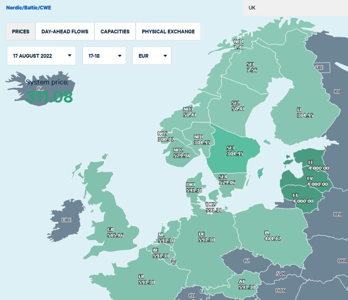 Karta visar elpriser i Europa med fokus på Norden för 17 augusti 2022.