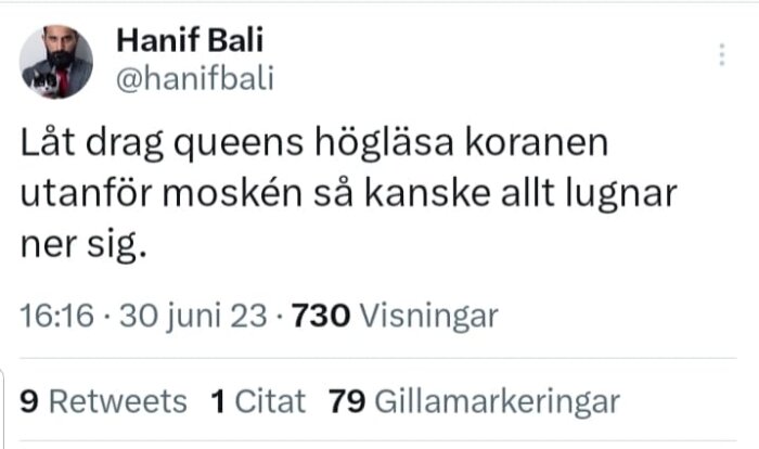 Skärmdump av Twitter-inlägg med text, profilbild, retweets, citat, gilla-markeringar och visningar.