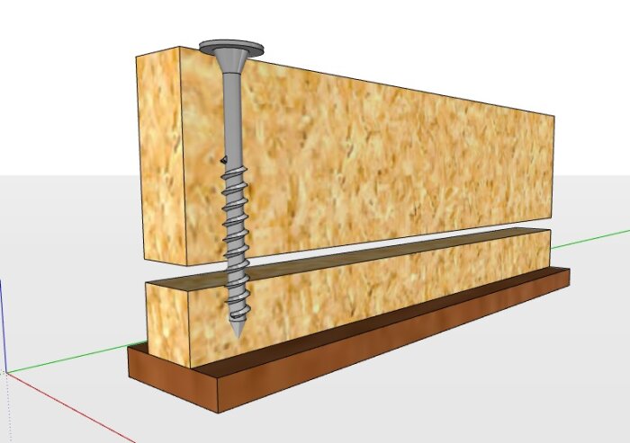 3D-modell av en skruv som fäster två trästycken samman. Enkel, pedagogisk, konstruktionsillustration.
