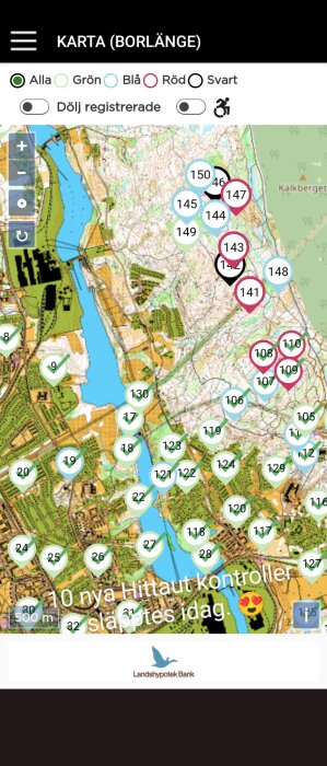 Digital karta över Borlänge med färgmarkörer för positioner, troligen för någon form av navigation eller spel.