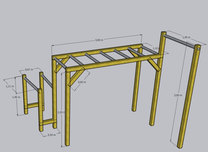 3D-modell av en träkonstruktion med måttangivelser, troligen ett utomhus ställning eller pergola.