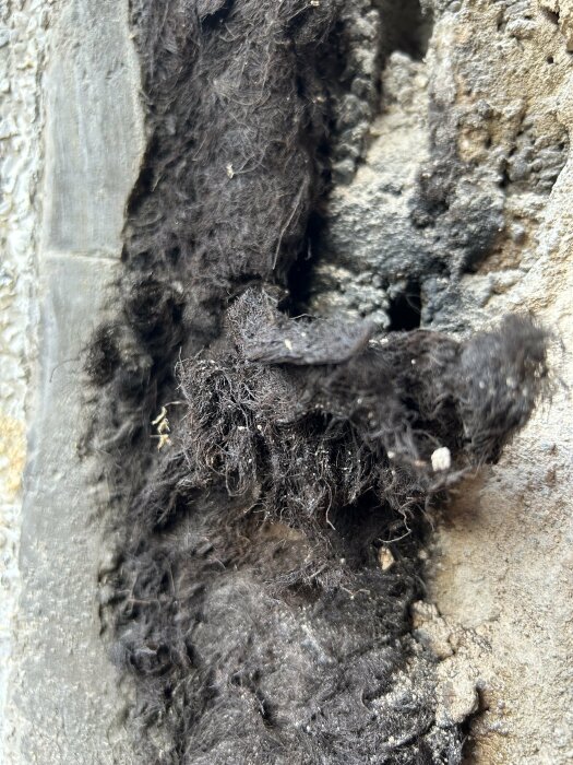 Närbild på svart materia, möjligen textil, mot stenig betongyta. Slitna, trassliga fibrer synliga. Nedslitet, övergivet intryck.