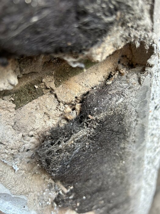 Närbild av en texturerad yta med damm, smuts och spindelnät, antyder försummelse eller övergiven plats.