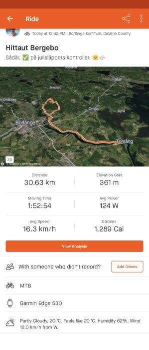 Cykeltur i Borlänge, 30,63 km avverkat, 361 m höjdvinst, väder molnigt, temperatur 20°C.