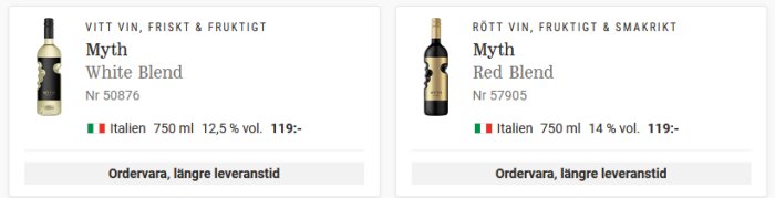 Två flaskor vin, en vit och en röd, båda från Italien och kostar 119 kronor.