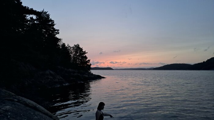 Solnedgång vid sjön, silhuetter av träd, kala klippor, person i vatten, lugnt, skymningsfärger.