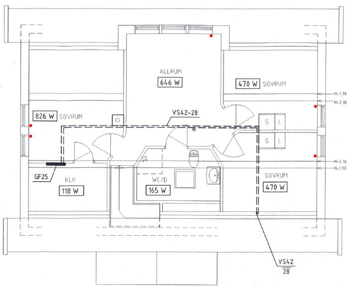 Arkitektritning av en lägenhet med dimensioner, tre sovrum, badrum och allrum.