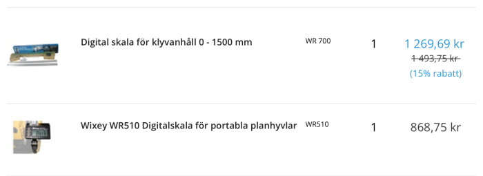 Onlineförsäljning av digitala skalor för snickeri, rabatterade priser på svenska kronor, två olika produkter.