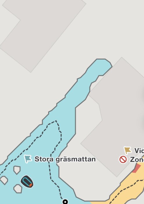 Kartsegment, vatten, gräsmatta, vägar, ikoner för bänk och papperskorg, gångvägspår, "Förbud mot att mata fåglar".