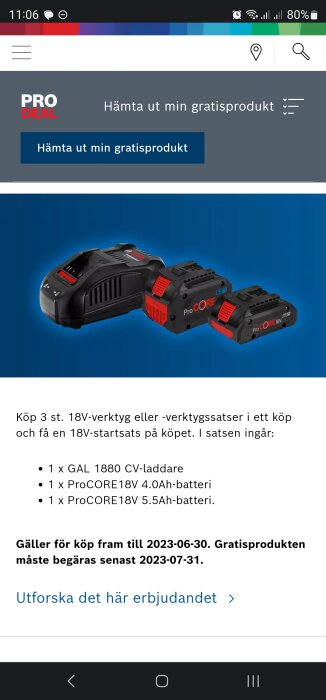 Erbjudande om gratis startset med laddare och batterier för verktygsköp, giltigt till juni 2023.