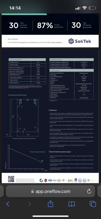 Solcellspanel-specifikationer, garantiinformation, installationsdetaljer och tips för förbättrad effektutgång.