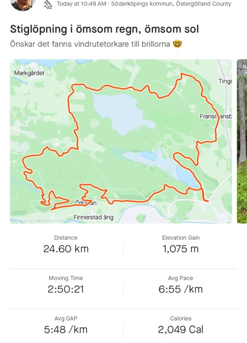 Trail running, varierande väder. Kartspår visar 24,6 km i Söderköping. Önskar vindrutetorkare för glasögon.