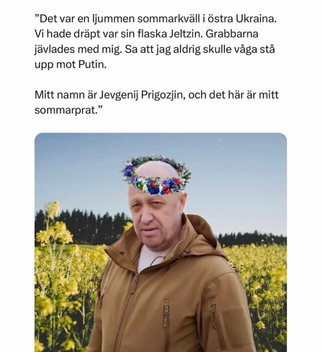 Man med blomsterkrans på huvudet står i blommande fält. Text refererar till personligt tal.