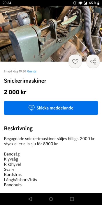 Annonssida för begagnade snickerimaskiner, bland annat svarv, till salu i Gnesta, Sverige.