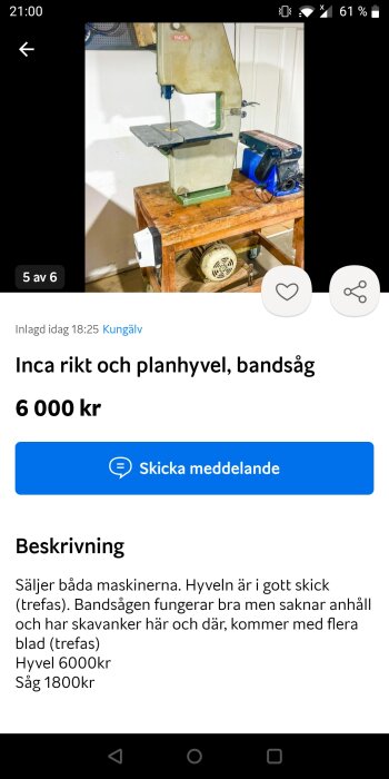 Annonsskärmdump med bandsåg och beskrivning, säljes i Kungälv.