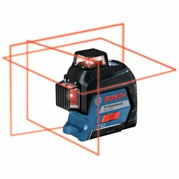 Bosch professionell lasernivelleringsutrustning, röda linjer, GL L 380, blått och svart hölje, verktygsdesign, isolerad bakgrund.