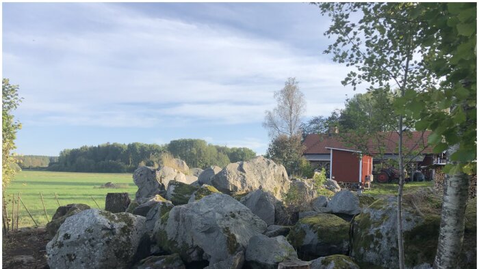 Lantlig vy med stenar, träd, ett rött hus, grön äng och blå himmel.