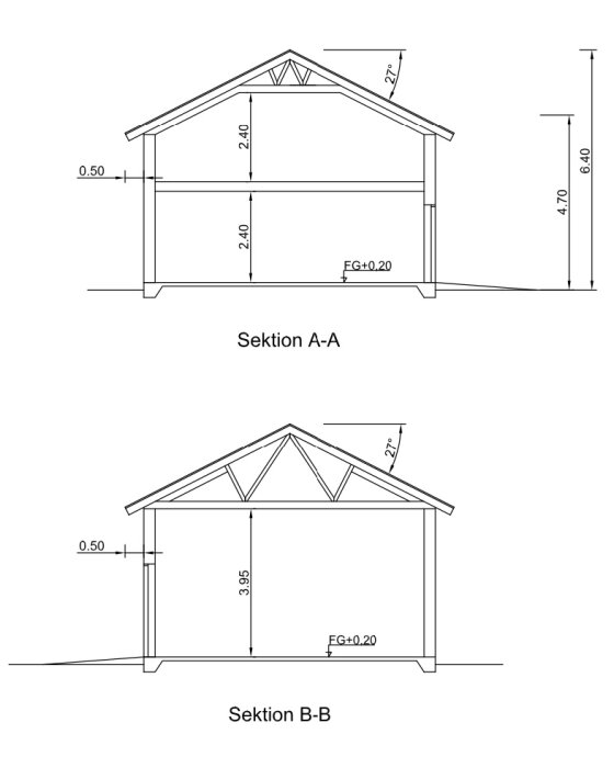 Två tekniska ritningar av en byggnad, visar sektionerna A-A och B-B med måttangivelser.
