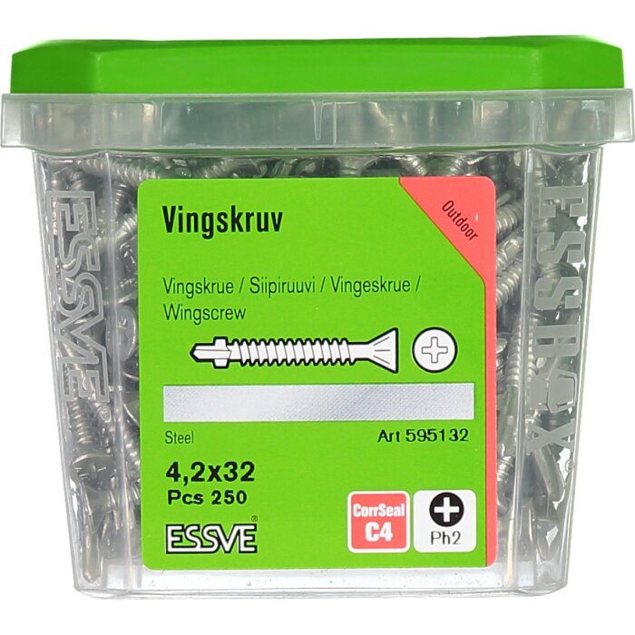 Genomskinlig plastbehållare med vingsskruvar, grönt lock, etikett med produktinformation på svenska och engelska.