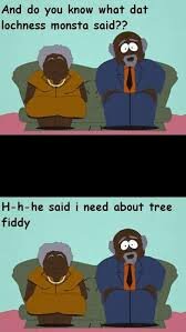 Animerade karaktärer, humoristisk text, "tree fiddy", Loch Ness-monstret referens, överraskad figur, ser ut som en seriestripp.