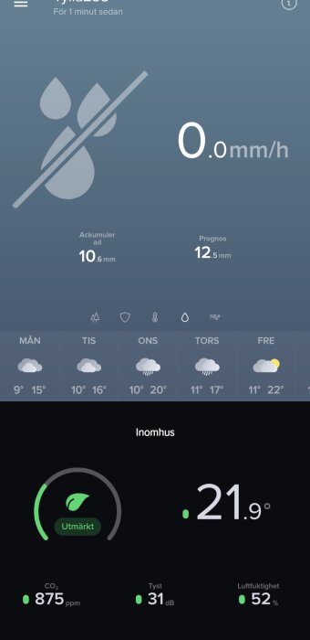 App för väder och inomhusklimat, visar nederbörd, veckoprognos, temperatur, koldioxidnivå, ljudnivå, luftfuktighet.