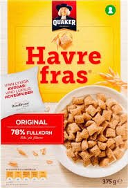 Förpackning av Quaker Havrefras, fullkornscereal, med bild på skål cereal.