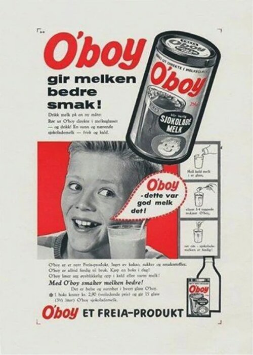 Vintageannons för O'boy chokladdryck med leende pojke och produktbilder, text på norska, Freia-produkt.